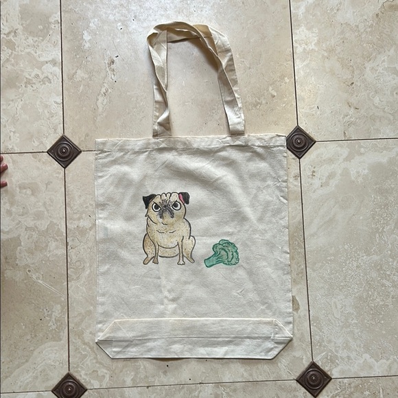 Canvas Tote Bag with Pug and Broccoli Design - Picture 1 of 1